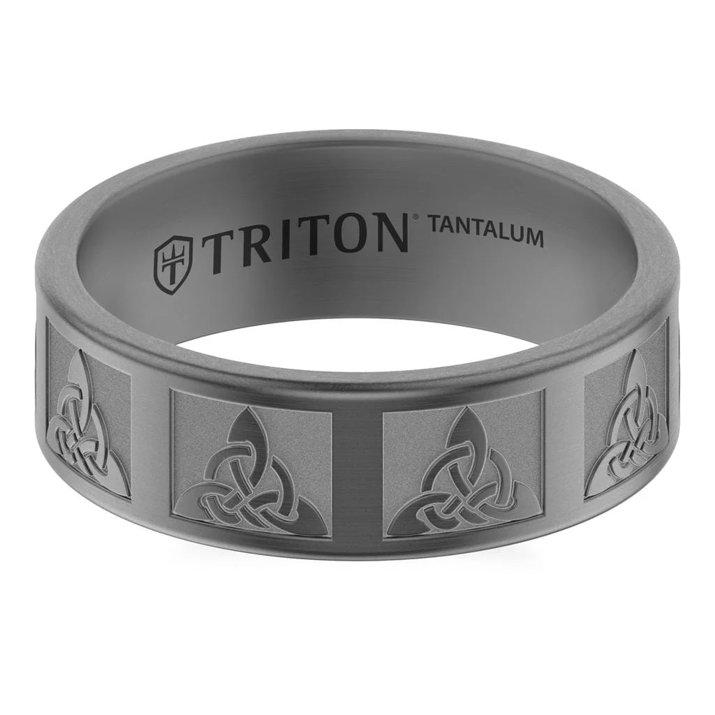 7MM Tantalum Ring with Laser Carved Celtic Border Knot Design and Flat Edge Profile