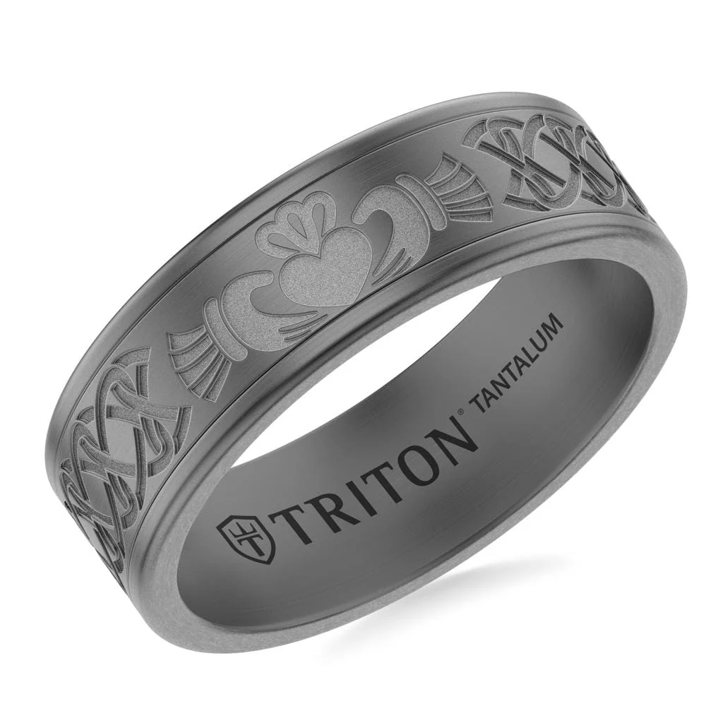 7MM Tantalum Ring with Laser Carved Celtic Claddaugh Design with Flat Edge Profile - Image 2