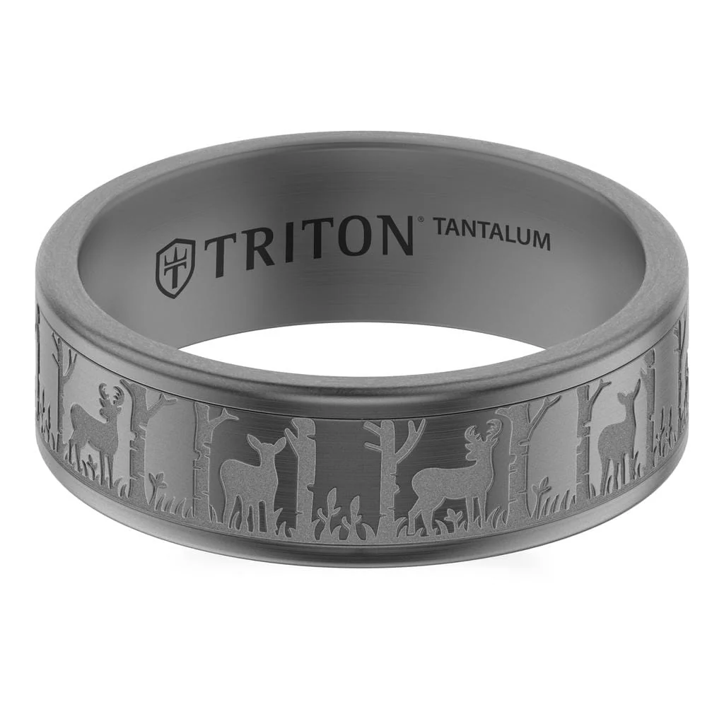 7MM Tantalum Ring with Laser Carved Nature Elk Design and Flat Edge Profile