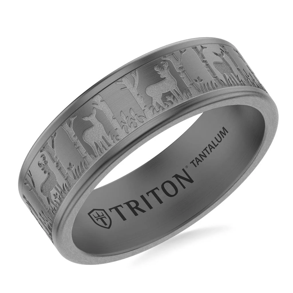 7MM Tantalum Ring with Laser Carved Nature Elk Design and Flat Edge Profile - Image 2