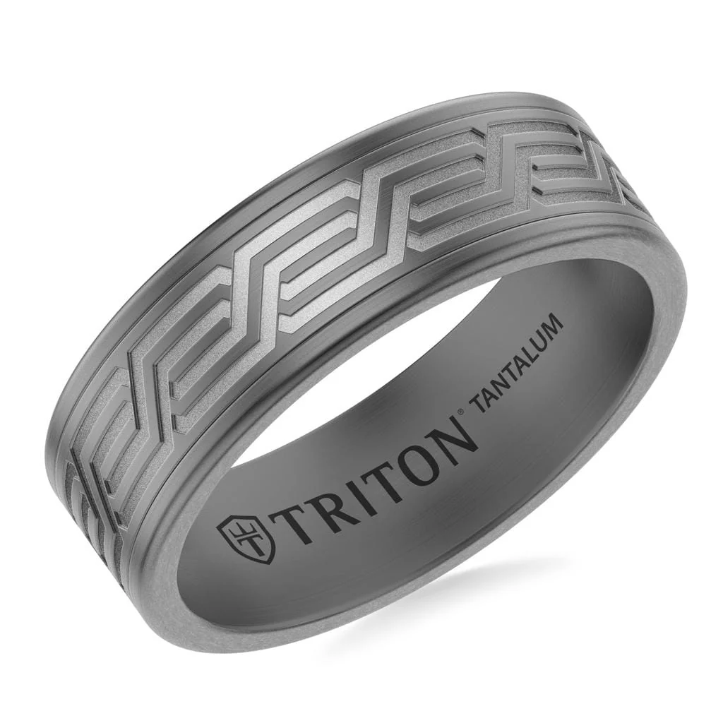 7MM Tantalum Ring with Laser Carved Modern Link Design and Flat Edge Profile - Image 2