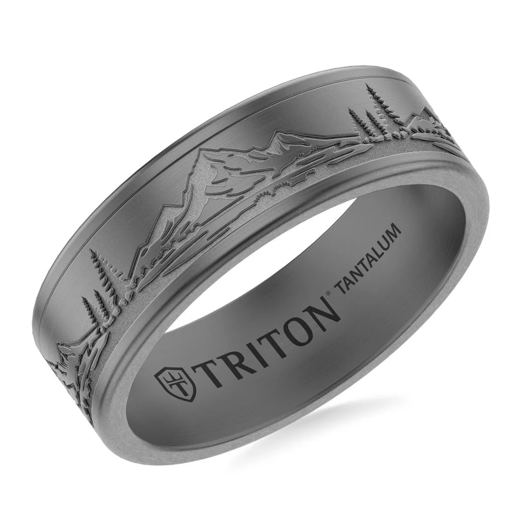 7MM Tantalum Ring with Laser Carved Nature Mountain Design and Flat Edge Profile - Image 2