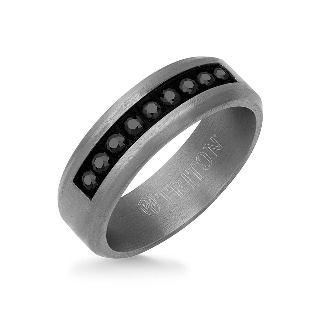7MM Tantalum Ring - Channel Set Black Sapphires and Bevel Edge - Image 2
