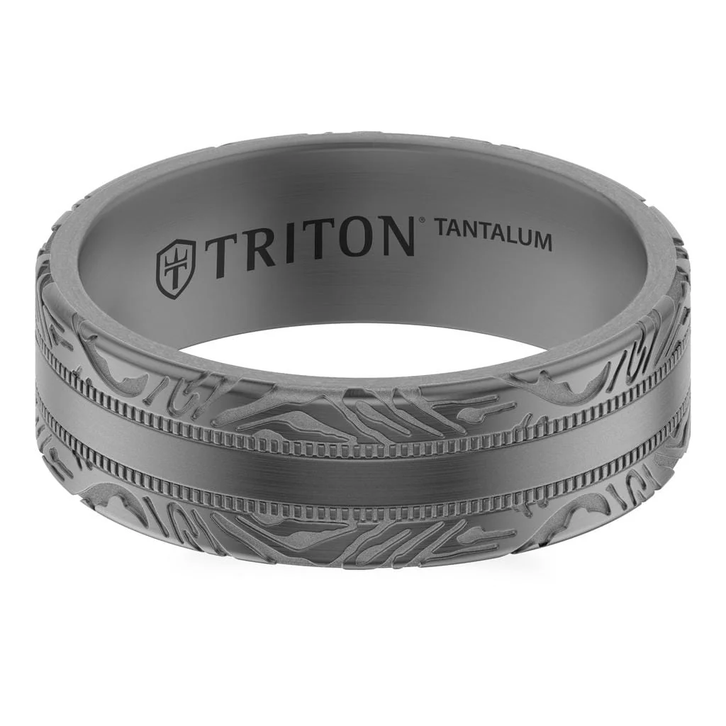7MM Tantalum Ring with Laser Carved Abstract Wood Grain Design and Flat Edge Profile