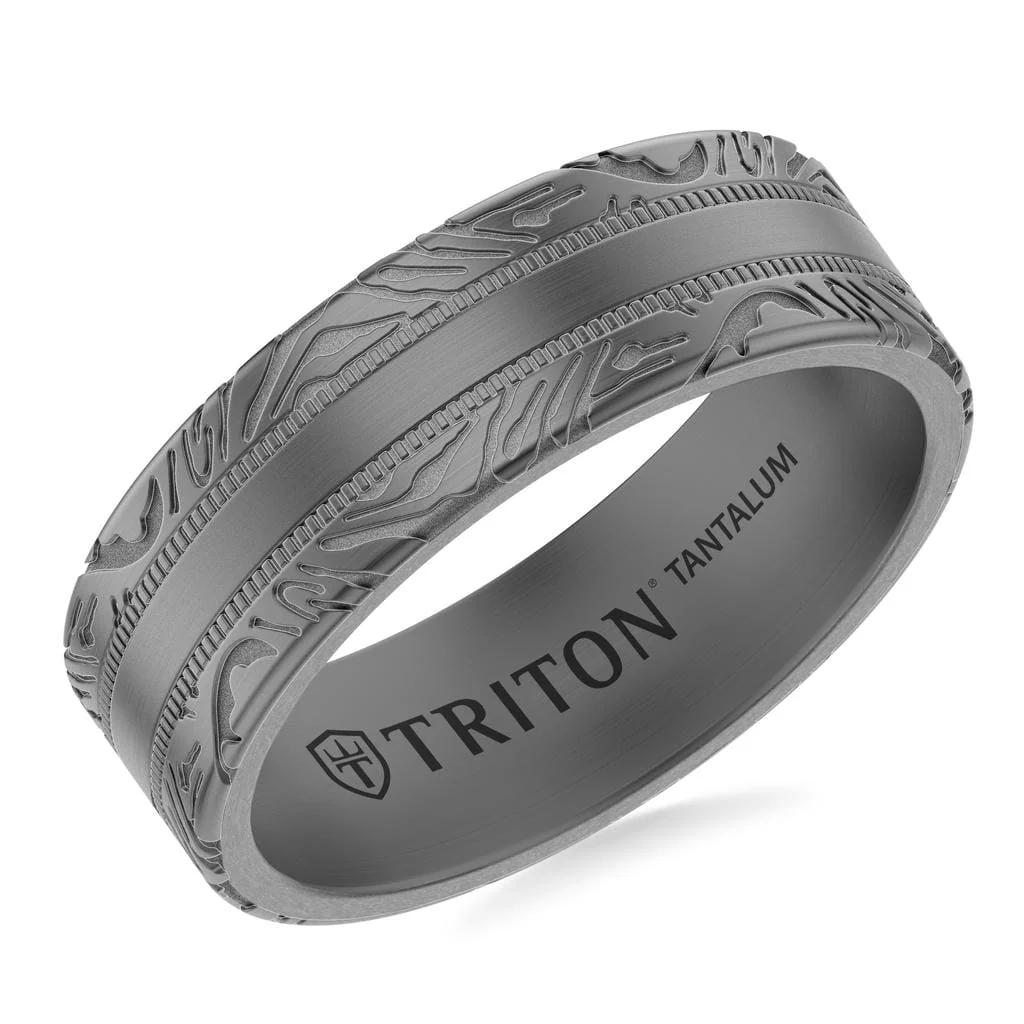 7MM Tantalum Ring with Laser Carved Abstract Wood Grain Design and Flat Edge Profile - Image 2
