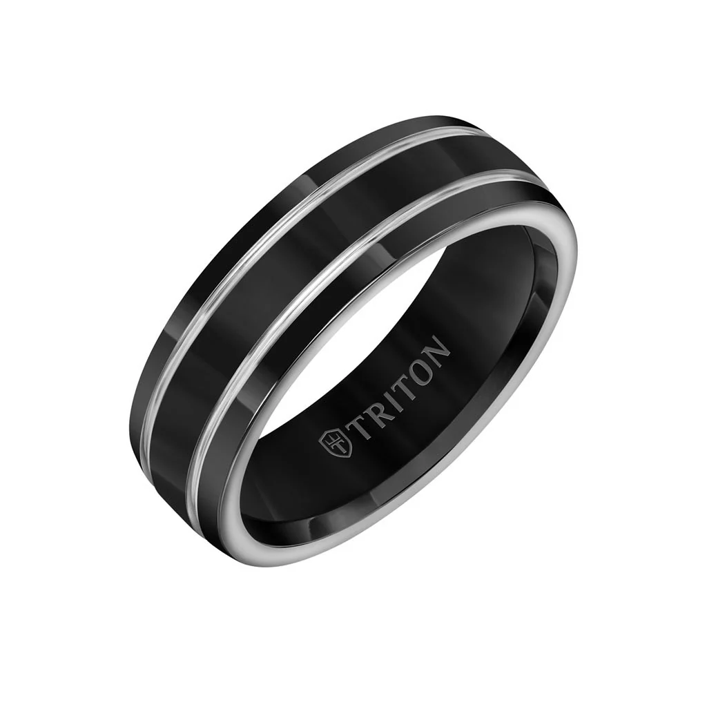7MM Titanium Ring - Domed Black Satin Center and Bevel Edge - Image 3