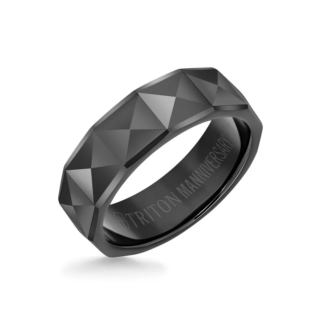 7MM Tungsten Carbide Ring - Faceted Pyramid Center and Round Edge - Image 3