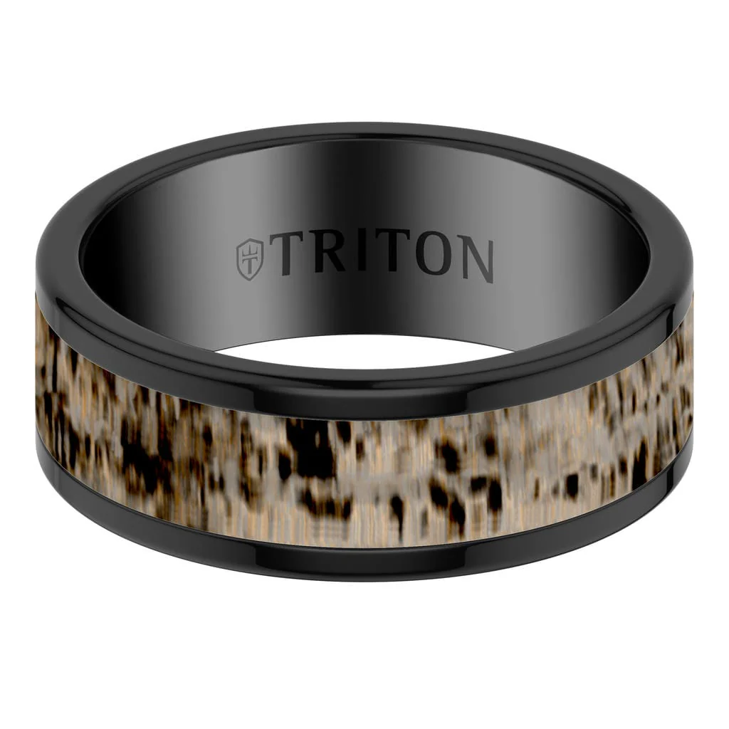 8MM Contemporary Black Tungsten Carbide Ring with Deer Antler Inlay Center and Polished Flat Edge Profile