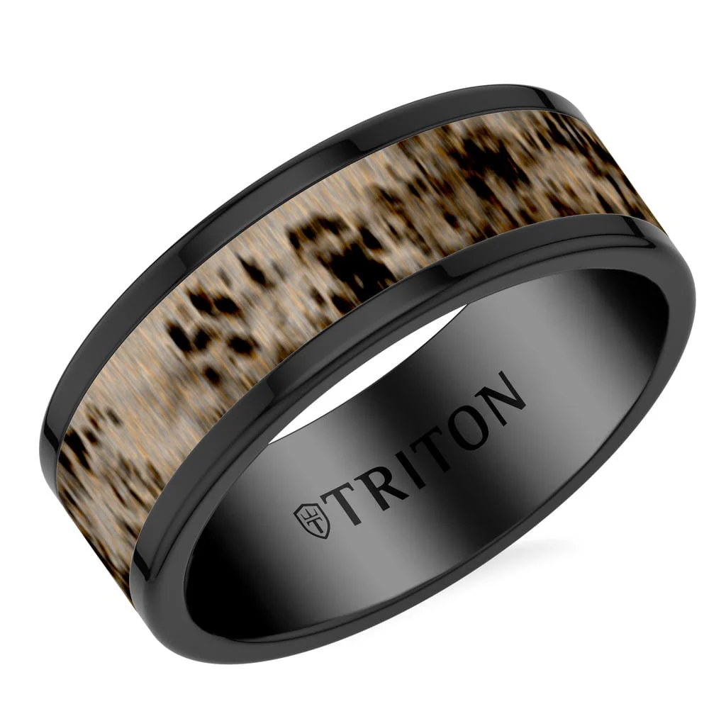 8MM Contemporary Black Tungsten Carbide Ring with Deer Antler Inlay Center and Polished Flat Edge Profile - Image 2
