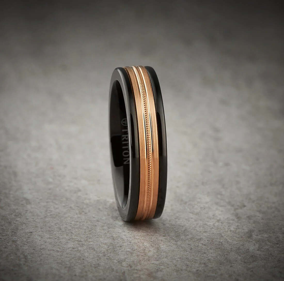 8MM Black Tungsten Carbide Ring - Center Milgrain 14K Rose Gold Insert with Round Edge - Image 3