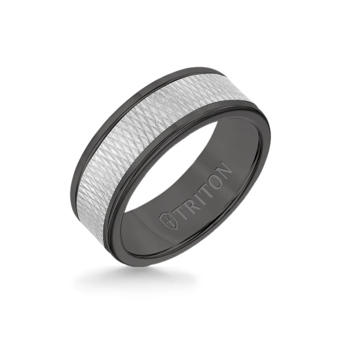 8MM Black Tungsten Carbide Ring - Criss Cross 14K White Gold Insert with Round Edge