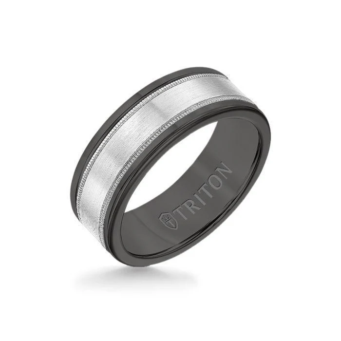 8MM Black Tungsten Carbide Ring - Flat Milgrain 14K White Gold Insert with Round Edge