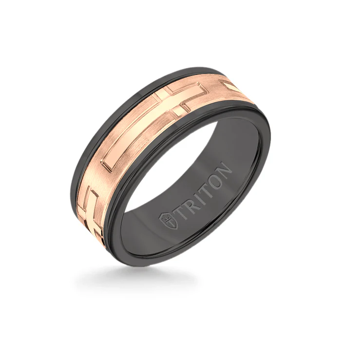 8MM Black Tungsten Carbide Ring - Religious 14K Rose Gold Insert with Round Edge