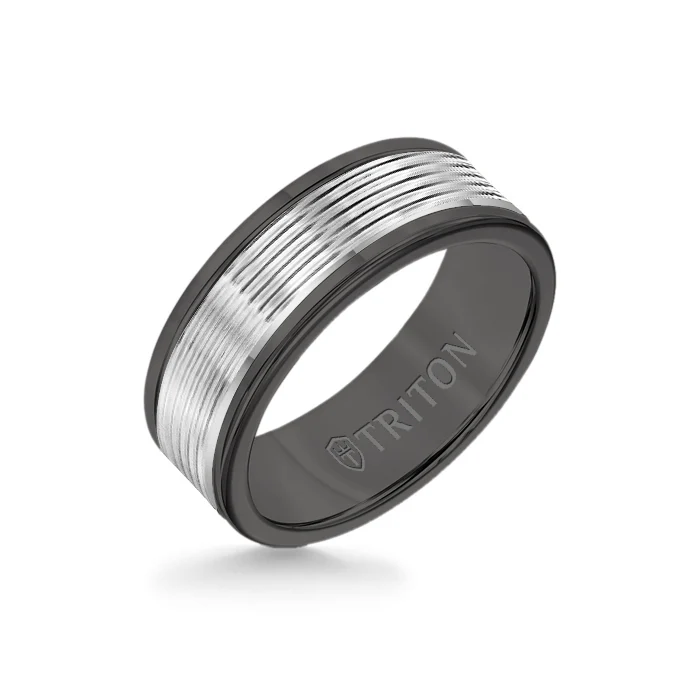 8MM Black Tungsten Carbide Ring - Serrated Engraved 14K White Insert with Round Edge