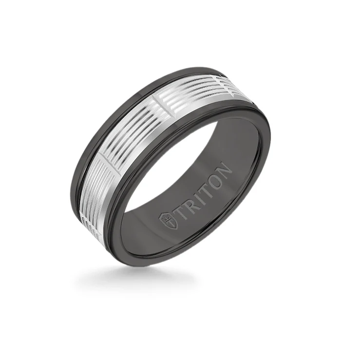 8MM Black Tungsten Carbide Ring - Serrated Vertical Cut 14K White Gold Insert with Round Edge
