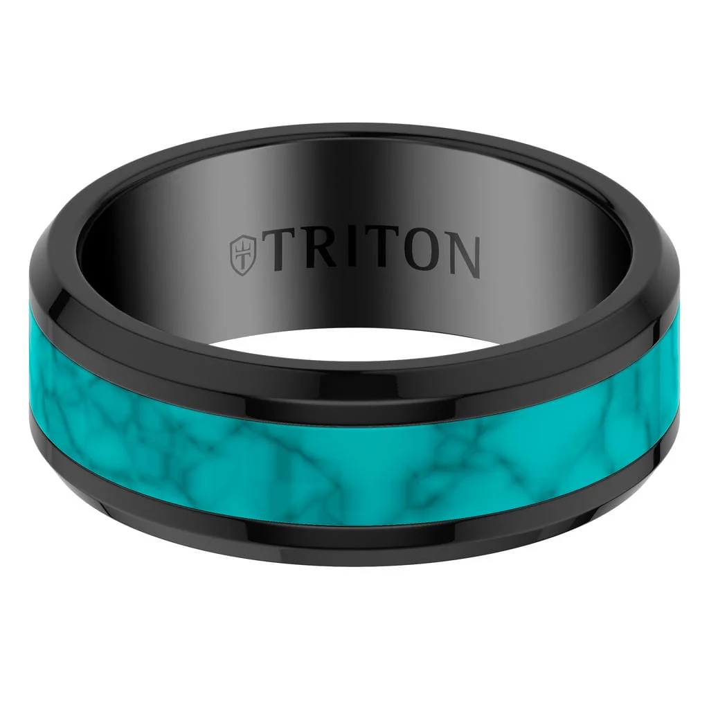 8MM Contemporary Black Tungsten Carbide Ring with Crushed Turquoise Inlay Center and Polished Beveled Edge Profile