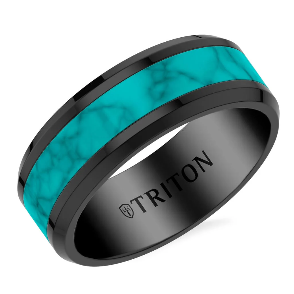 8MM Contemporary Black Tungsten Carbide Ring with Crushed Turquoise Inlay Center and Polished Beveled Edge Profile - Image 2