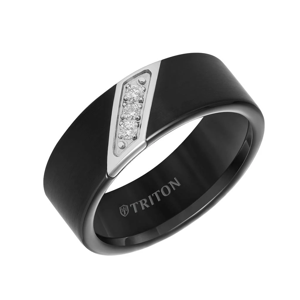 8mm Black tungsten carbide satin finish band with diagonal diamonds set in stainless steel - Image 2