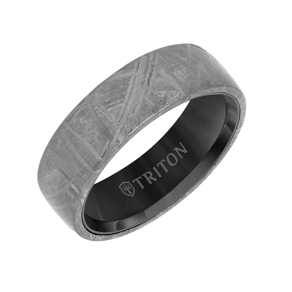 8MM Black Tungsten Carbide Ring - Meteorite Low Dome with Flat Edge - Image 2