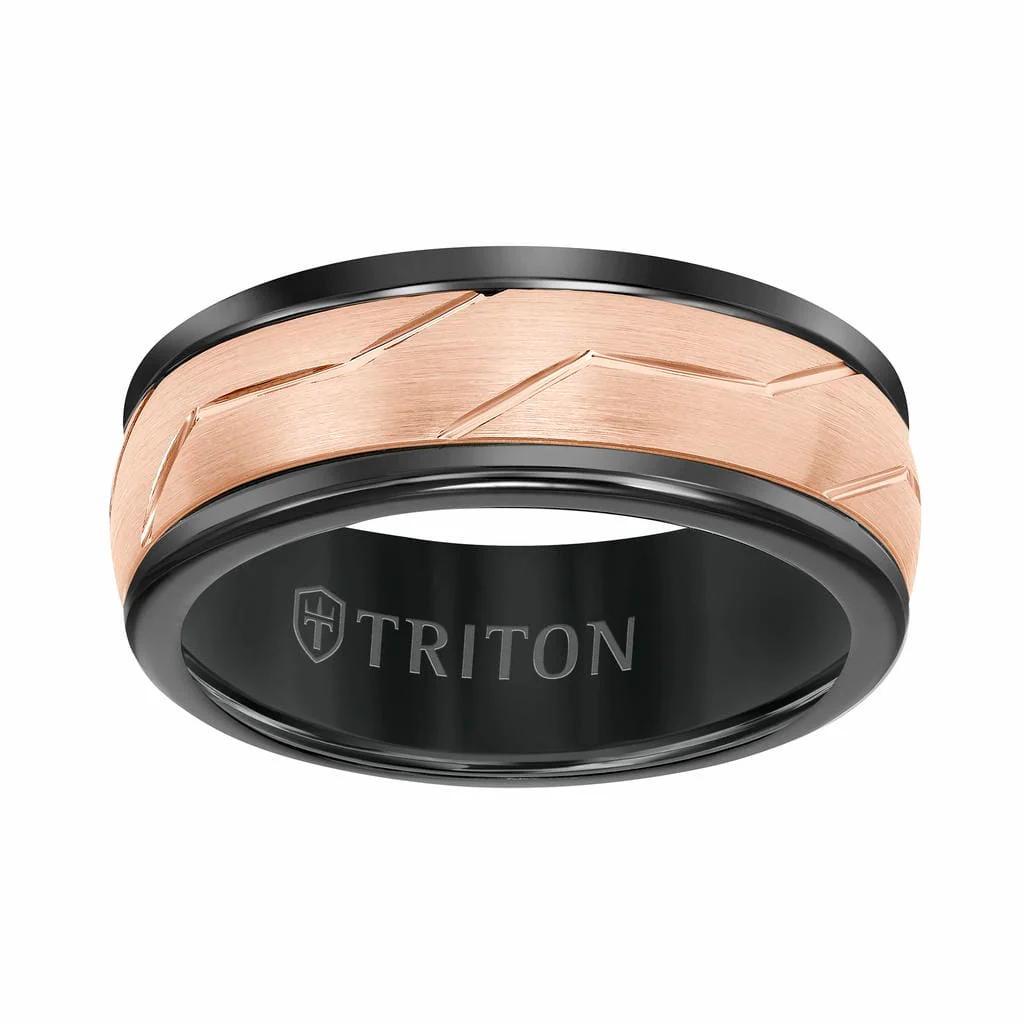 8MM Black Tungsten Ring with Rose Woven Insert and Rounded Edge
