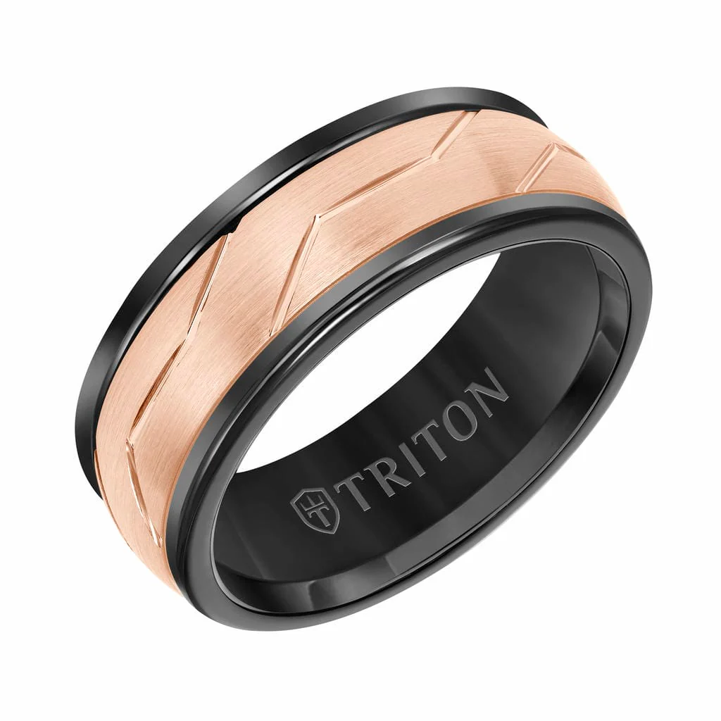 8MM Black Tungsten Ring with Rose Woven Insert and Rounded Edge - Image 2