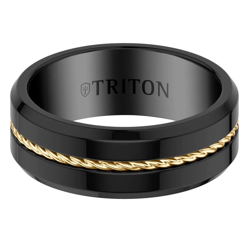 8MM Contemporary Black Tungsten Carbide Ring with Yellow Wire Center and Polished Beveled Edge Profile