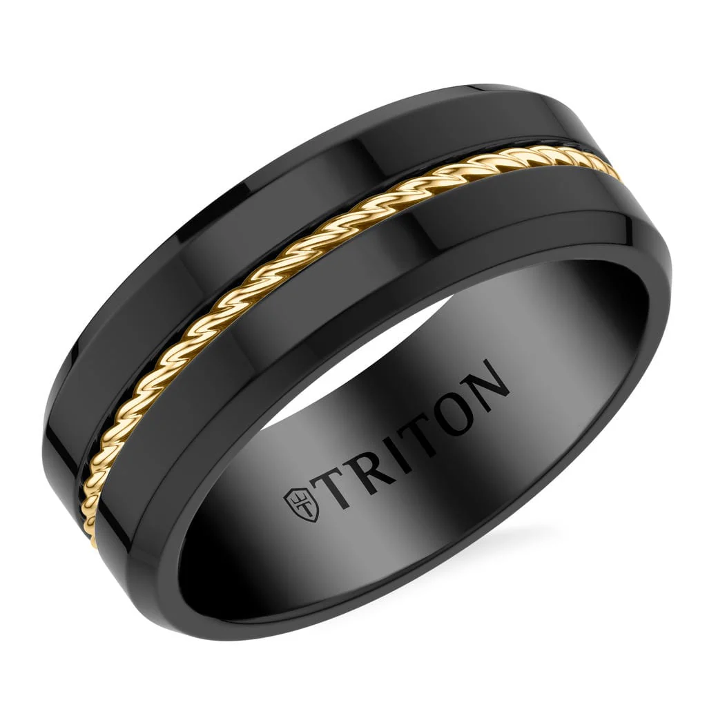 8MM Contemporary Black Tungsten Carbide Ring with Yellow Wire Center and Polished Beveled Edge Profile - Image 2