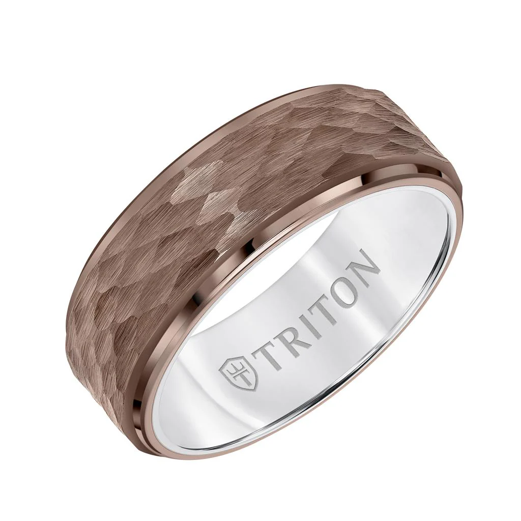 8MM Espresso Tungsten Carbide Ring - Hammered Center and Step Edge - Image 3