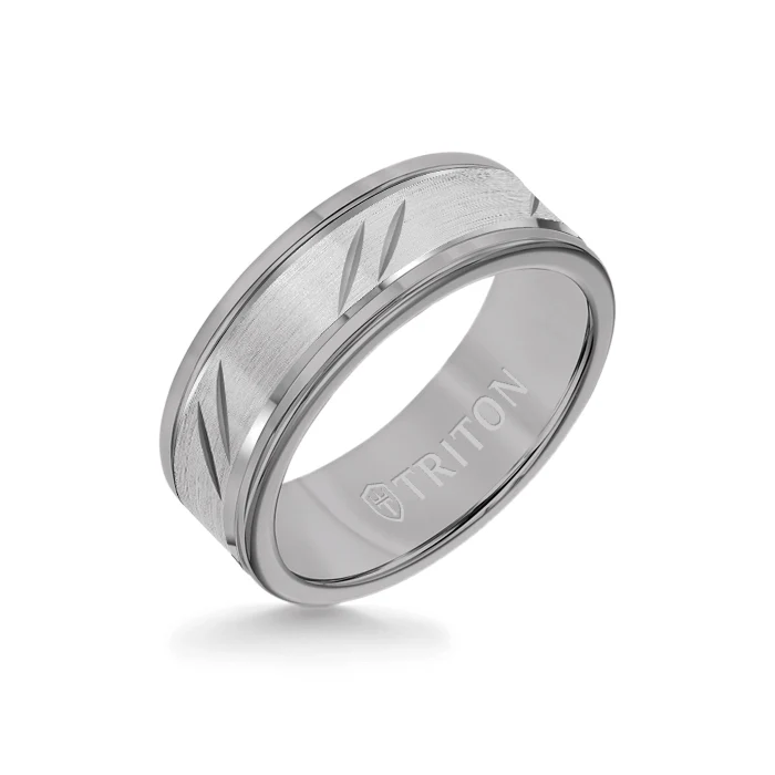 8MM Grey Tungsten Carbide Ring - Bevel Diagonal Cut 14K White Gold Insert with Round Edge