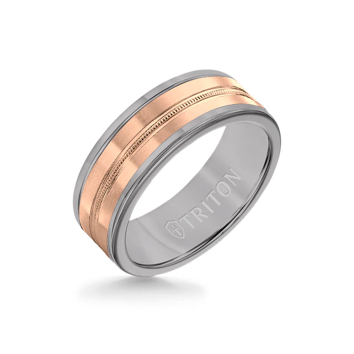 8MM Grey Tungsten Carbide Ring - Center Milgrain 14K Rose Gold Insert with Round Edge