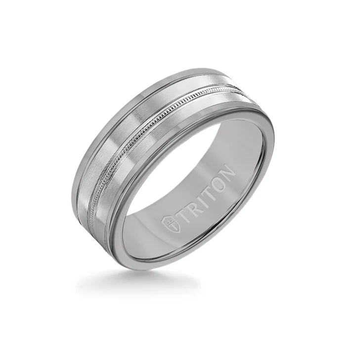 8MM Grey Tungsten Carbide Ring - Center Milgrain 14K White Gold Insert with Round Edge