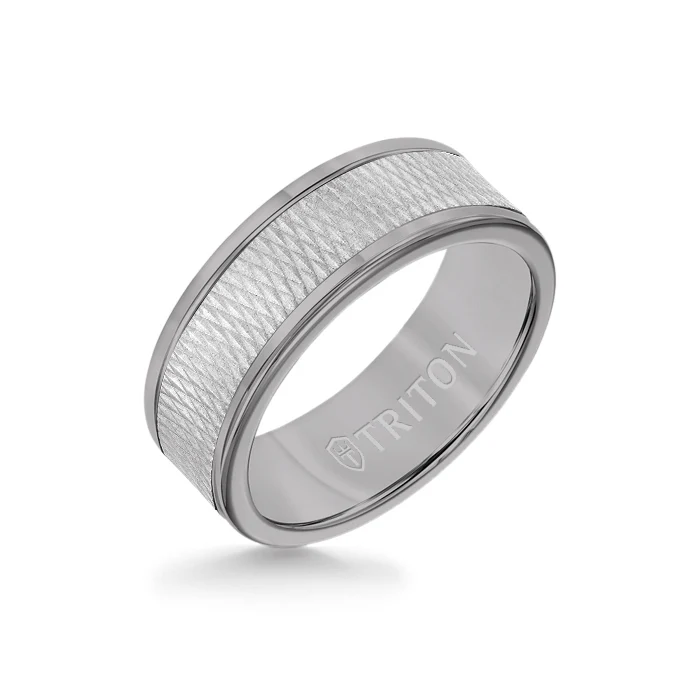 8MM Grey Tungsten Carbide Ring - Criss Cross 14K White Gold Insert with Round Edge