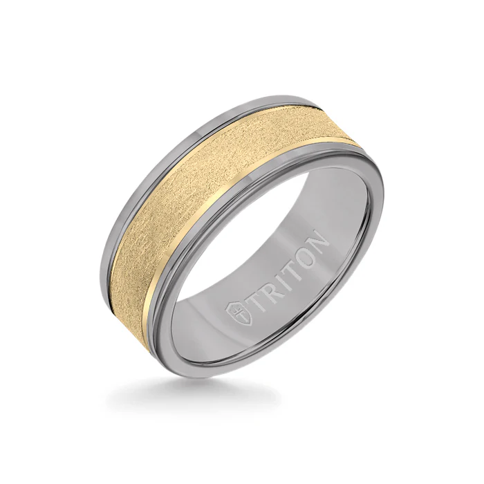 8MM Grey Tungsten Carbide Ring - Crystalline 14K Yellow Gold Insert with Round Edge