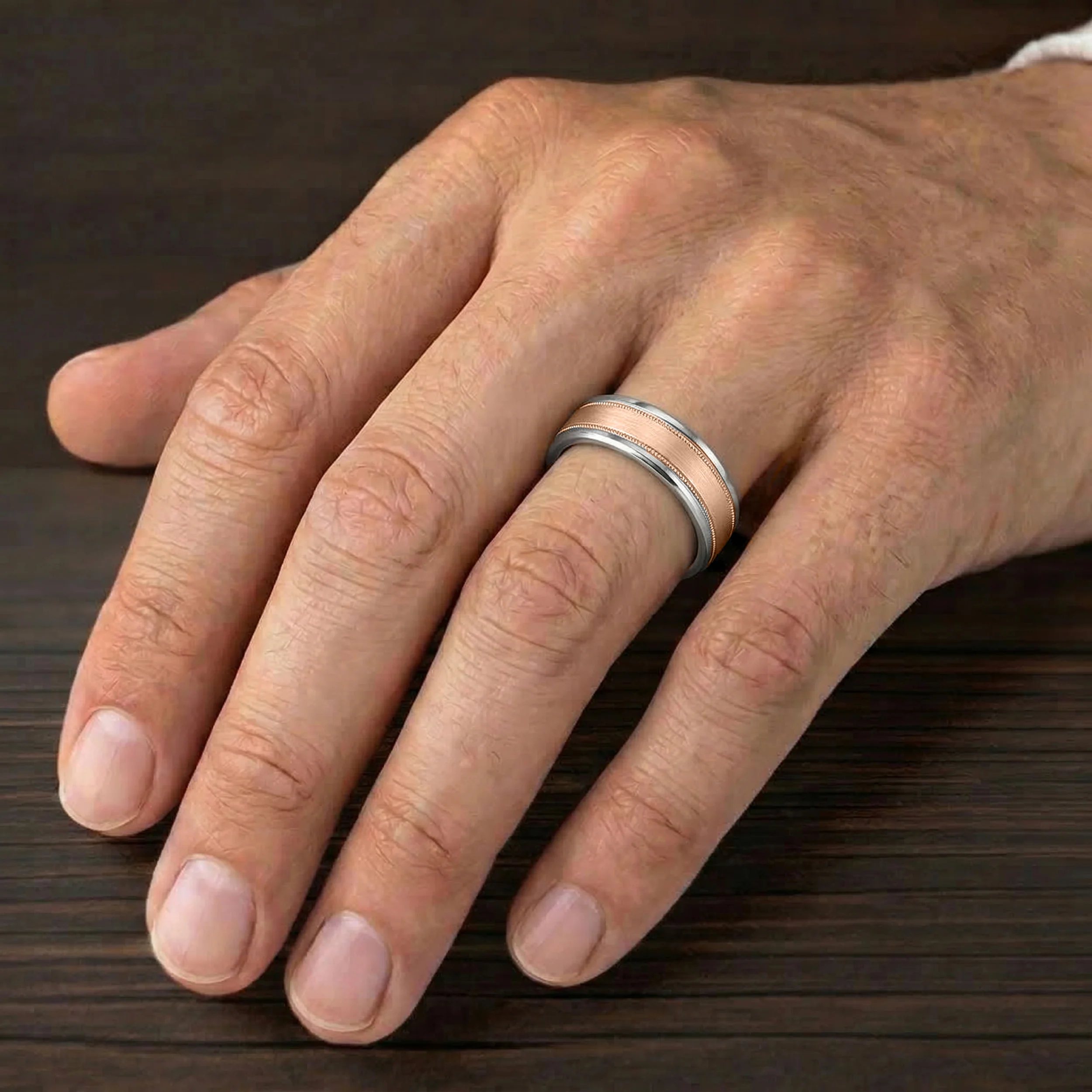 8MM Grey Tungsten Carbide Ring - Flat Milgrain 14K Rose Gold Insert with Round Edge - Image 2