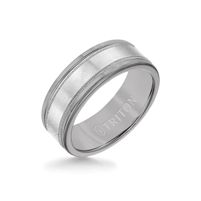 8MM Grey Tungsten Carbide Ring - Flat Milgrain 14K White Gold Insert with Round Edge