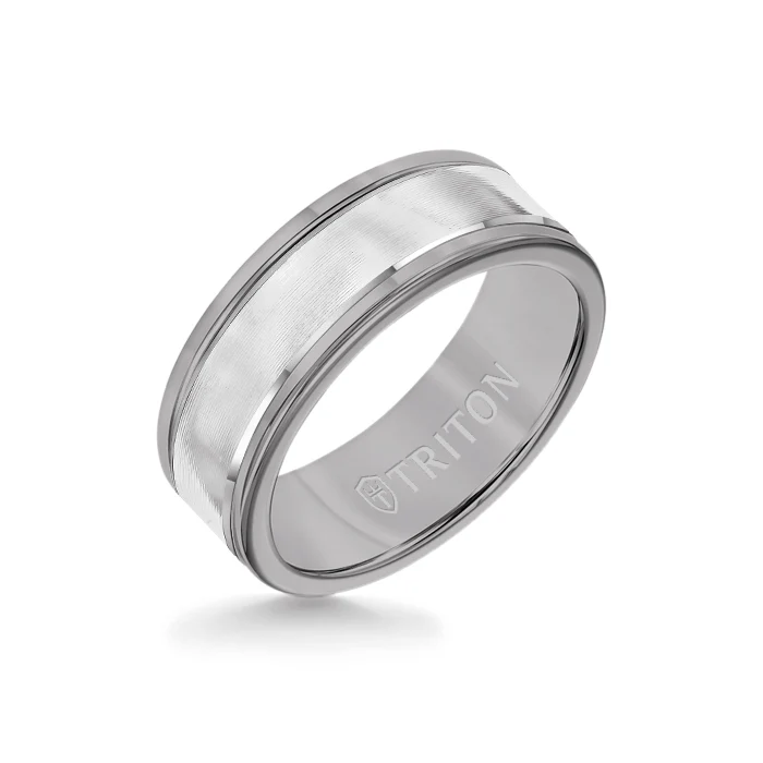 8MM Grey Tungsten Carbide Ring - Linear 14K White Gold Insert with Round Edge