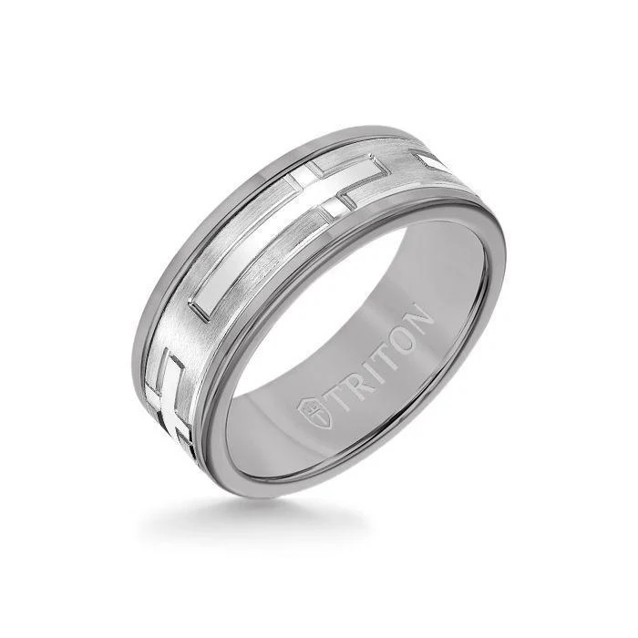 8MM Grey Tungsten Carbide Ring - Religious 14K White Gold Insert with Round Edge