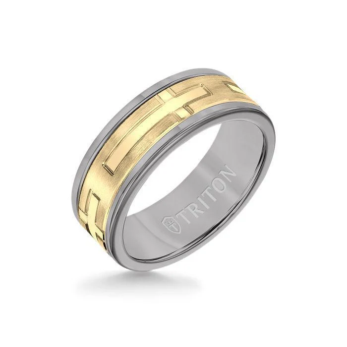8MM Grey Tungsten Carbide Ring - Religious 14K Yellow Gold Insert with Round Edge