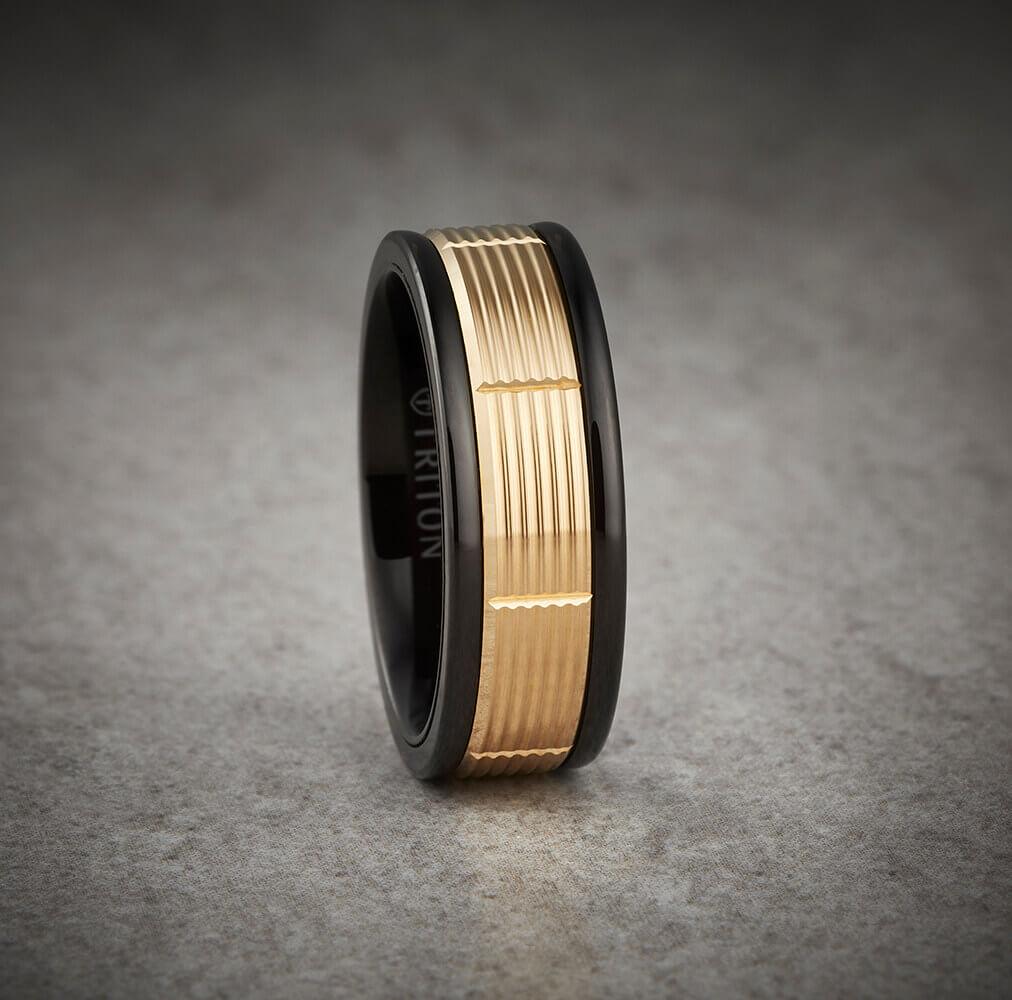 8MM Grey Tungsten Carbide Ring - Serrated Vertical Cut 14K Rose Gold Insert with Round Edge - Image 2