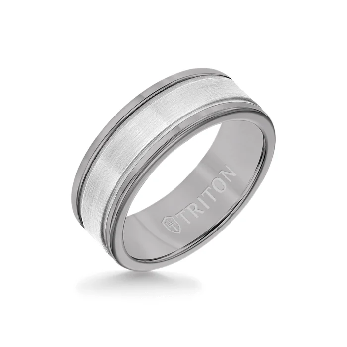 8MM Grey Tungsten Carbide Ring - Step Edge 14K White Gold Insert with Round Edge