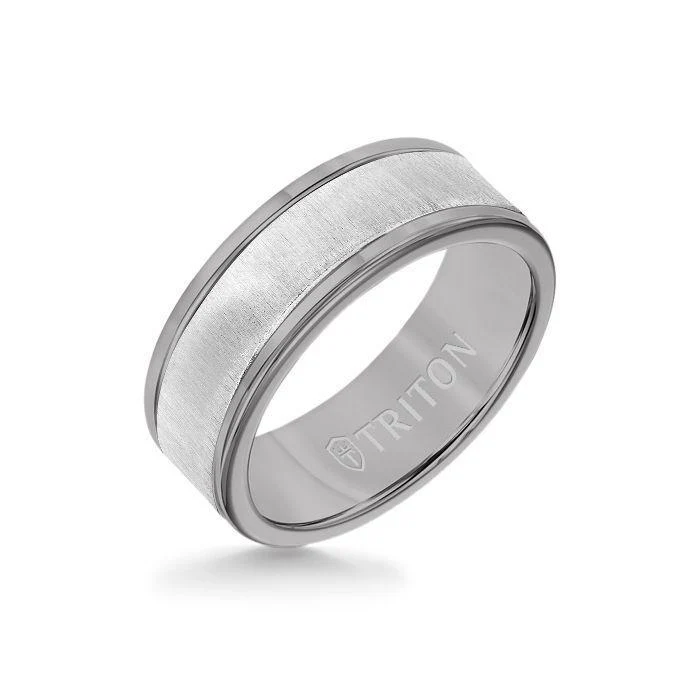 8MM Grey Tungsten Carbide Ring - Vertical Satin 14K White Gold Insert with Round Edge