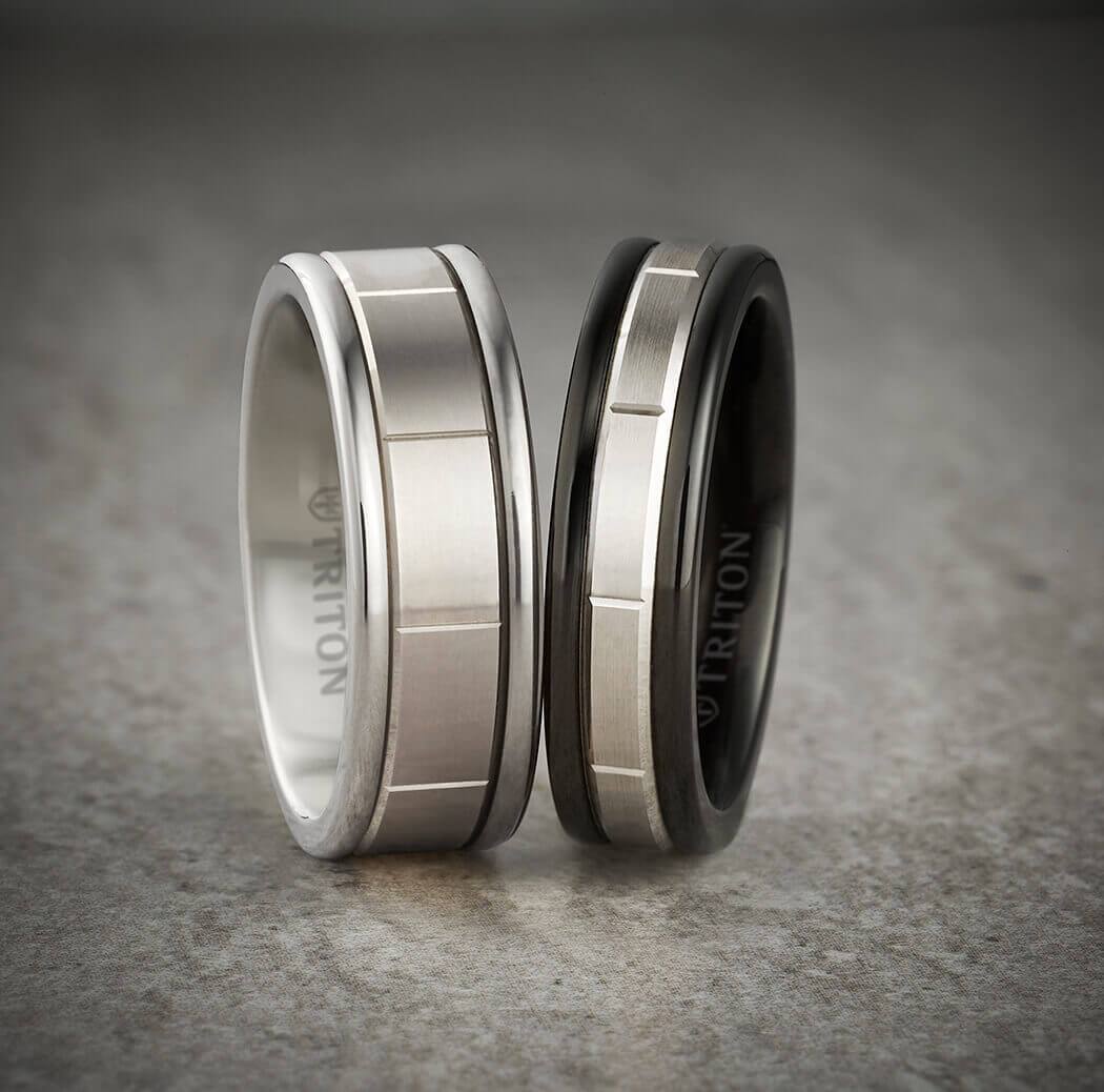 8MM Grey Tungsten Carbide - Vertical Cut 14K Rose Gold insert with Round Edge - Image 2