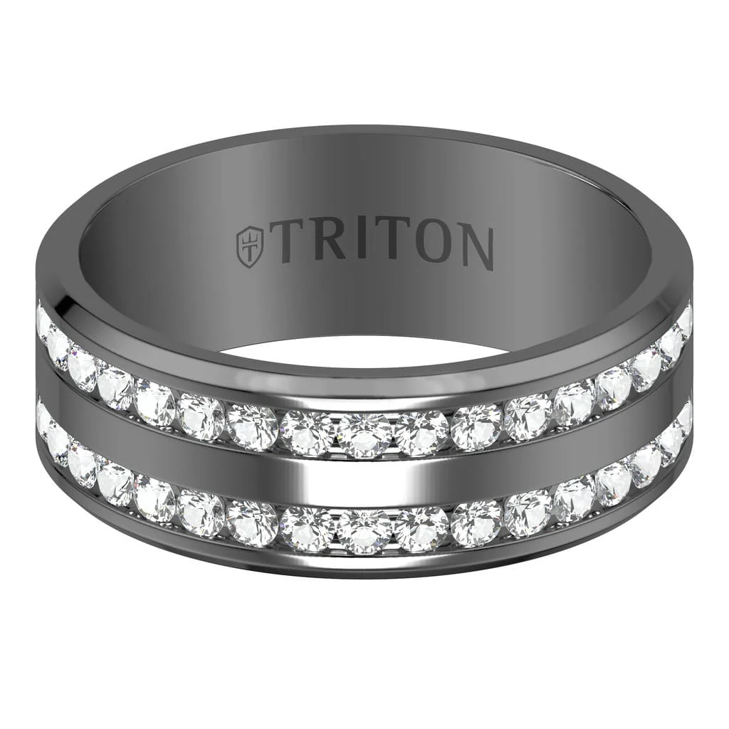 8MM Gunmetal Grey Tungsten and Titanium Polished Ring with Double Row Channel Set White Lab-Created Sapphires and Flat Edge