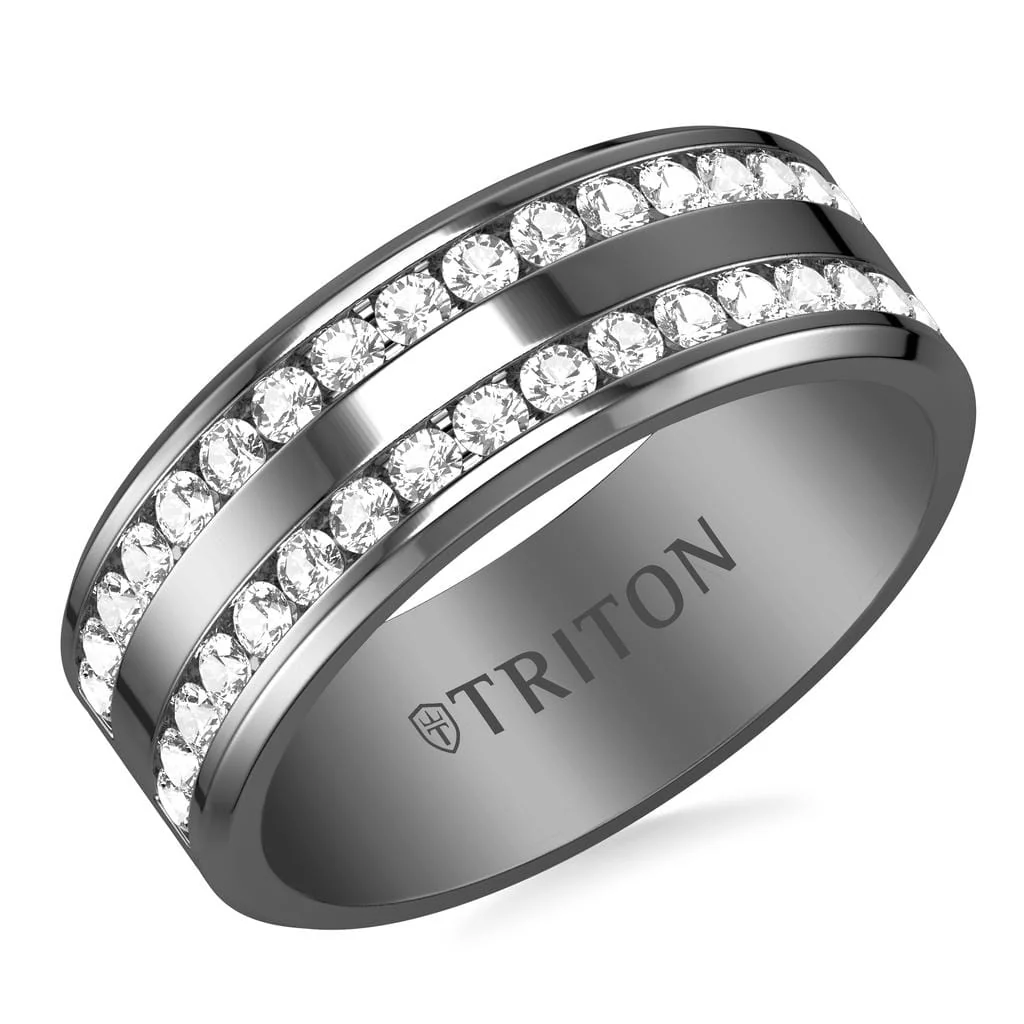 8MM Gunmetal Grey Tungsten and Titanium Polished Ring with Double Row Channel Set White Lab-Created Sapphires and Flat Edge - Image 2
