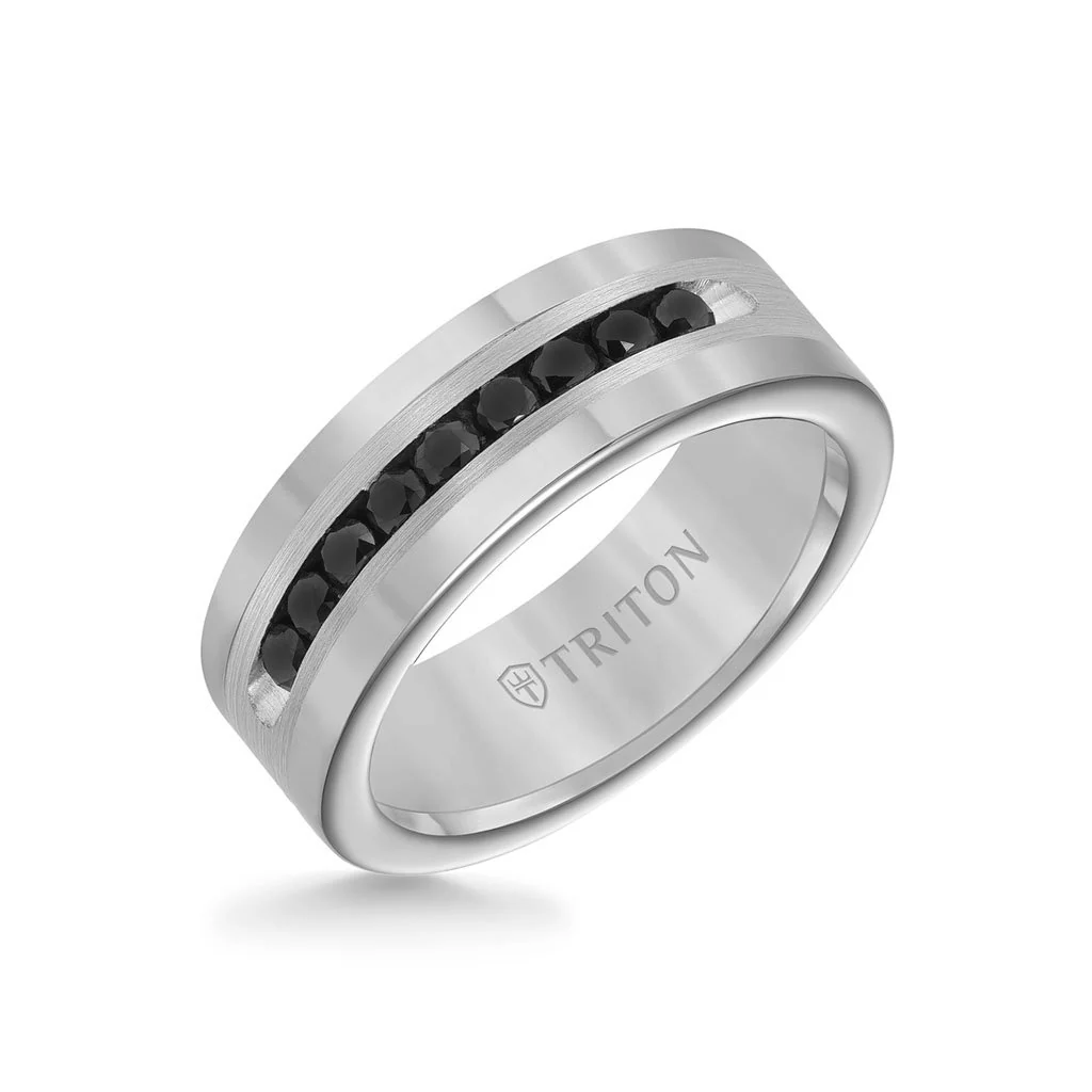 8MM Ring - Black Diamonds Silver Satin Finish and Round Edge - Image 2