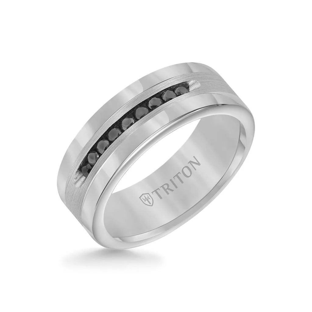8MM Ring - Channel Set 1/4 ct Black Diamonds Silver Satin Finish and Round Edge - Image 2