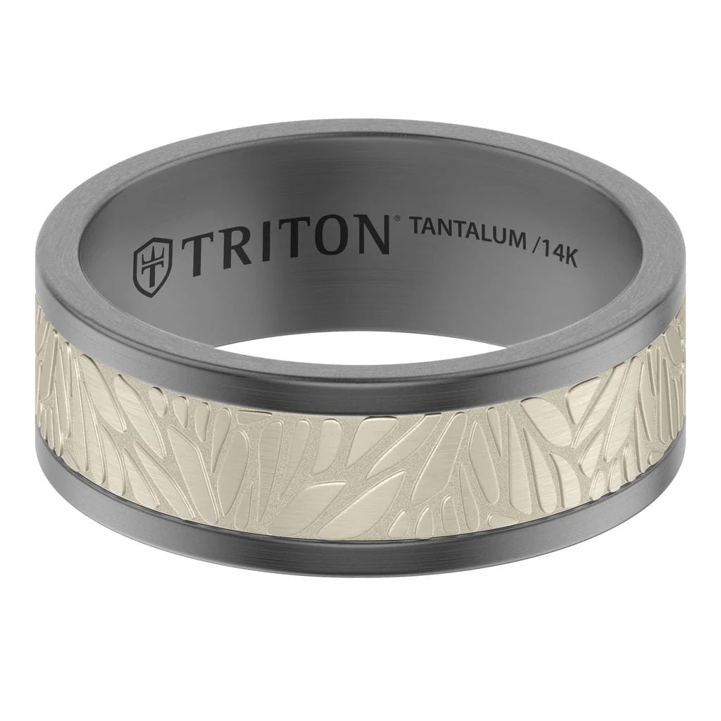 8MM Tantalum Ring with 14K Natural White Gold Brushed Center Inlay with Laser Carved Abstract Palm Design and Flat Edge Profile - Image 2