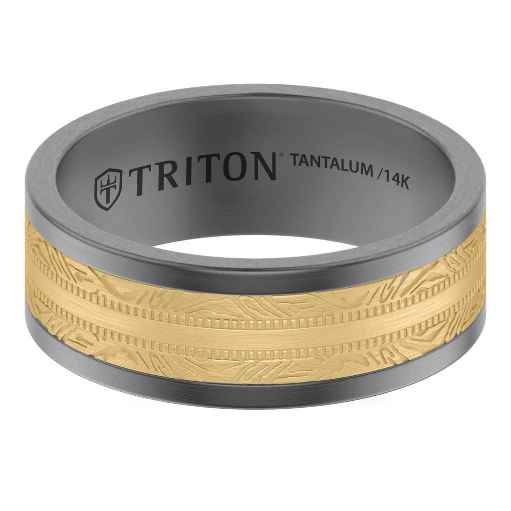 8MM Tantalum Ring with 14K Yellow Gold Brushed Center Inlay with Laser Carved Abstract Palm Design and Flat Edge Profile - Image 2