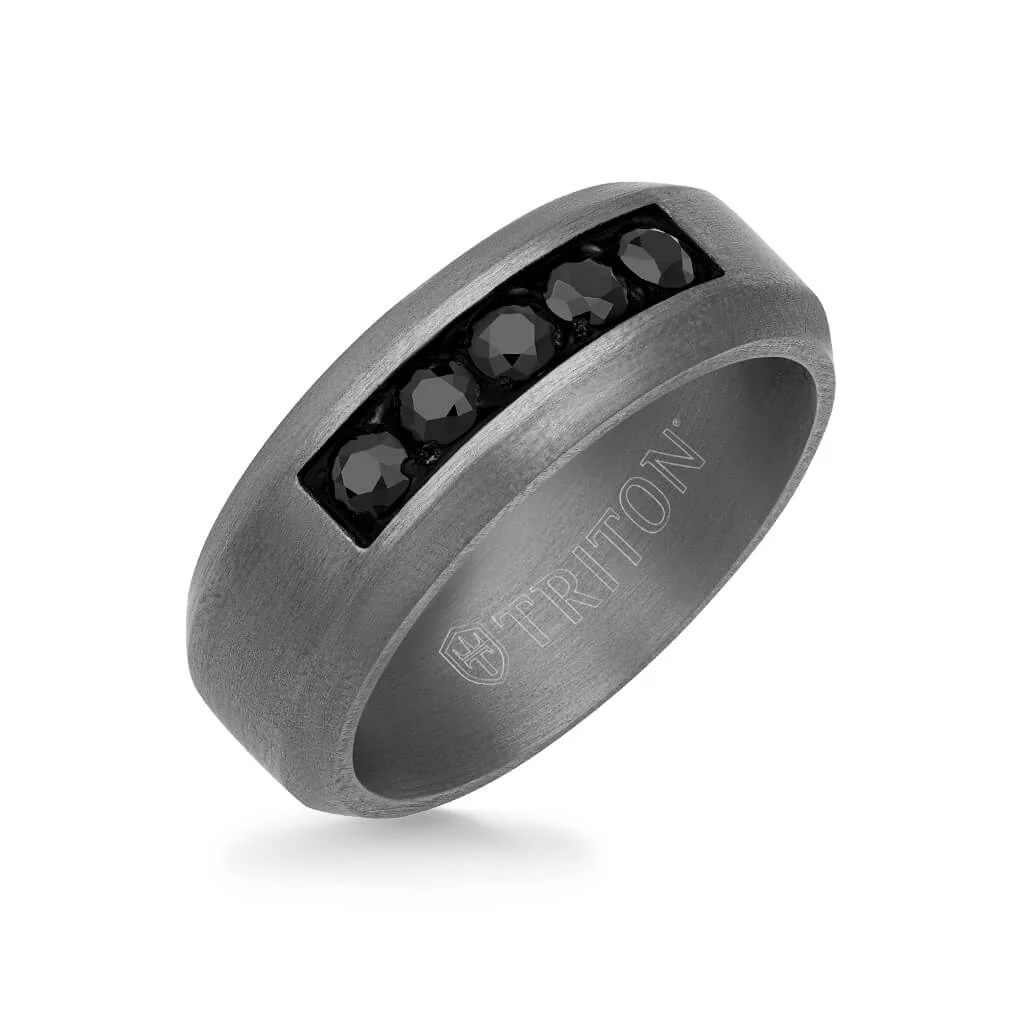 8MM Tantalum Ring - 5-Stone Black Sapphires and Bevel Edge - Image 2