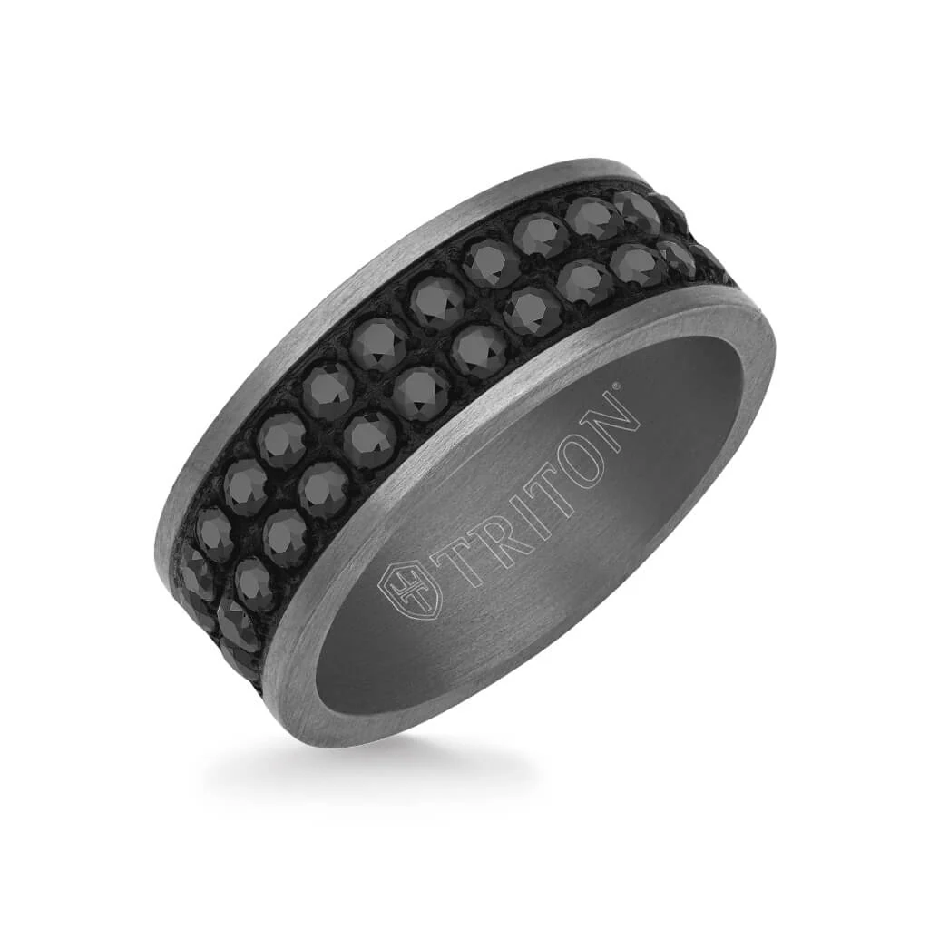8MM Tantalum Ring - Double Row Black Sapphires and Flat Edge - Image 2